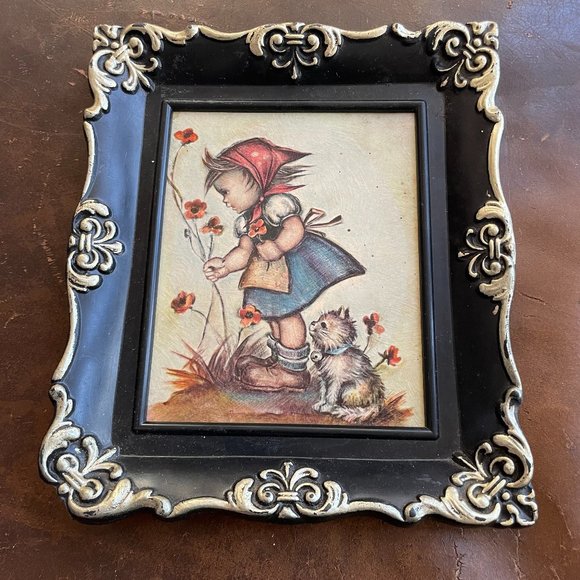 Vintage Other - Vintage Small Framed Picture of Little Girl Picking Flowers w/ Cat